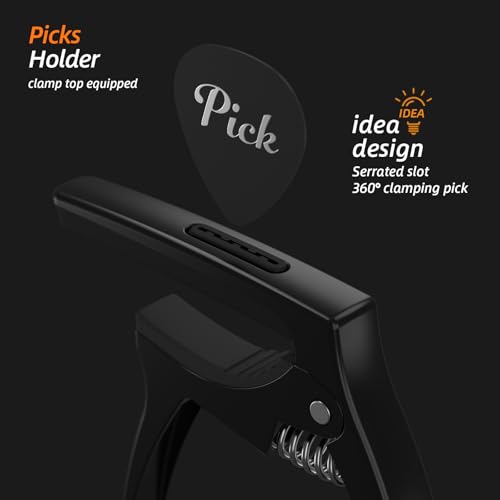 Close up of TANMUS capo pick holder feature