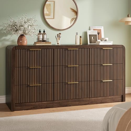 Decofy Fluted 9 Drawers Dresser walnut finish