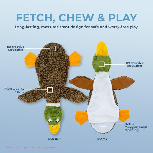 Side view of plush wild duck dog toy with squeakers