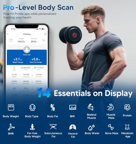 GE digital bathroom scale showing body metrics on screen