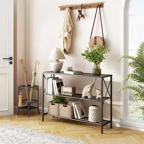 Rustic wooden shelves on console table