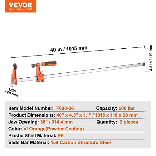 Pair of orange VEVOR woodworking clamps