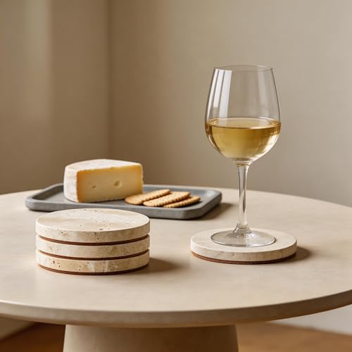 Round stone drink coasters with non-slip cork