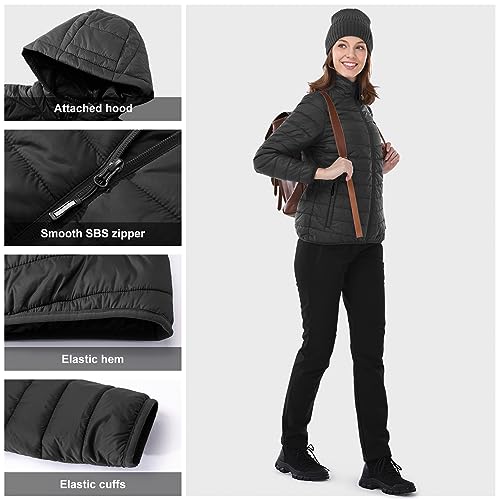 Outdoor Ventures puffer jacket shown with drawstring storage pouch