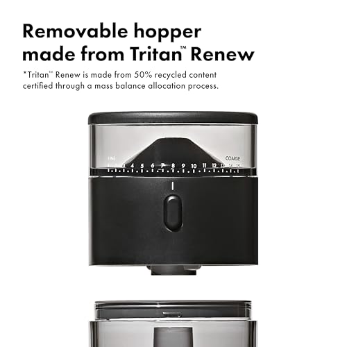Black OXO coffee grinder on kitchen counter