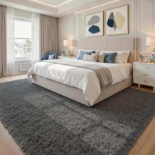 Grey shag rug showing memory foam thickness