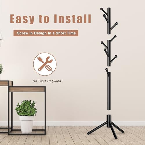 Black coat rack in a bedroom setting