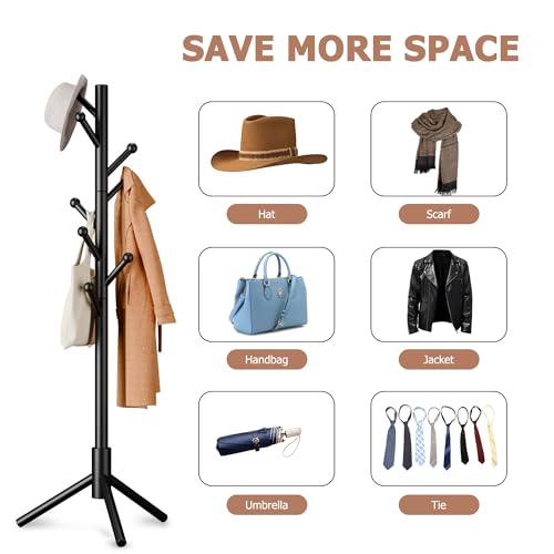 Full view of standing wooden coat rack