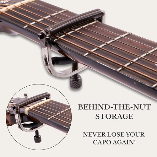 Paige P-6N guitar capo stored behind the nut