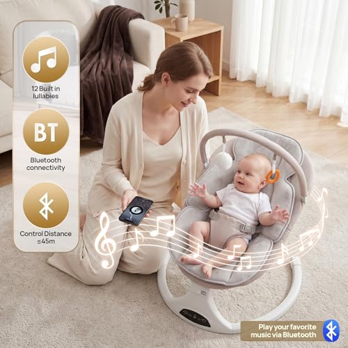 Beige baby swing with 3-point harness