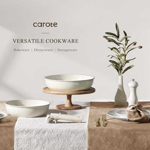 CAROTE cookware set arranged on a kitchen counter