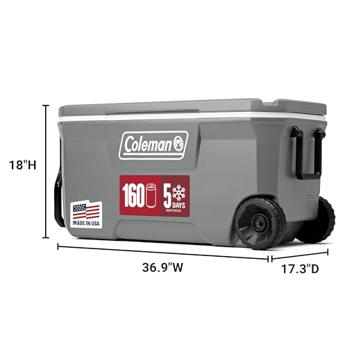 Coleman 100-Quart cooler showing all-terrain wheels