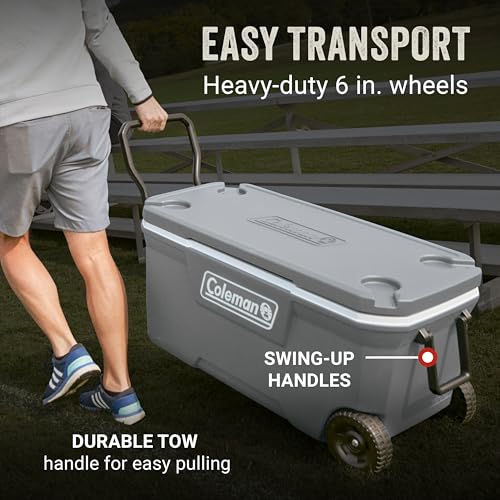 Side profile of Coleman rolling cooler with handles