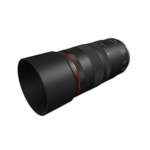 Canon RF100mm lens angled view on black background