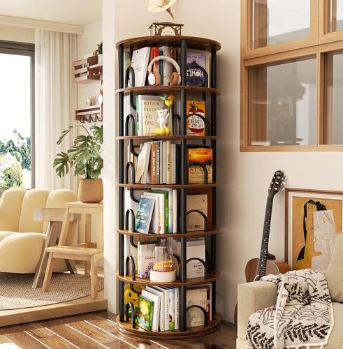 Aheaplus 6 Tier Rotating Bookshelf Tower in rustic brown