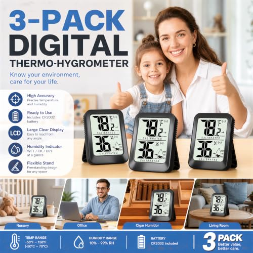 Three mini hygrometers in black housing