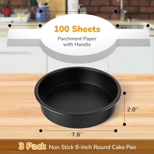 Three black carbon steel cake pans
