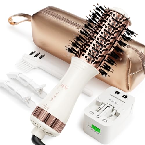 Hair Trends Dual Voltage Travel Blow Dryer Brush in white and rose gold