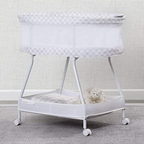 Side view of Delta Children bassinet with mesh