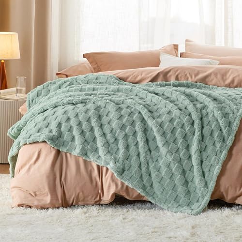 Folded Sage Green checkered jacquard fleece blanket