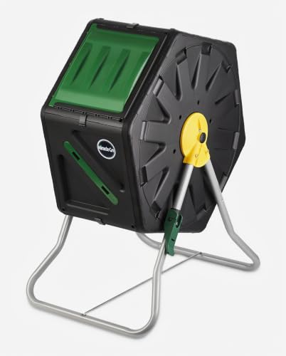 Outdoor compost tumbler in a garden setting