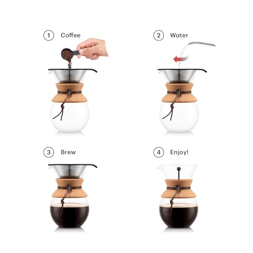 Close up of Bodum glass carafe with stainless steel filter