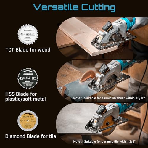 Compact circular saw with dust extraction hose attached