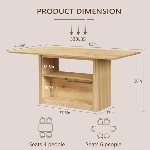 Yellow oak farmhouse table storage shelves