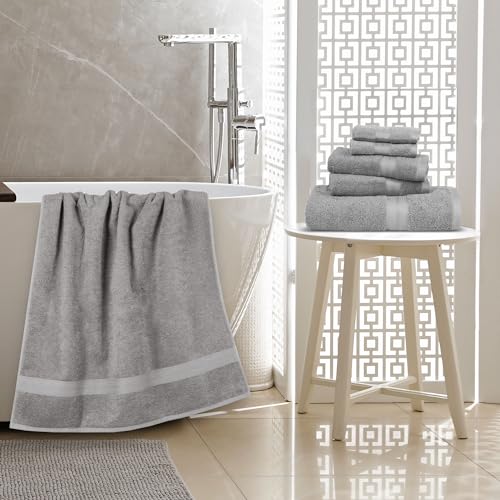Full 6-piece gray towel collection spread out