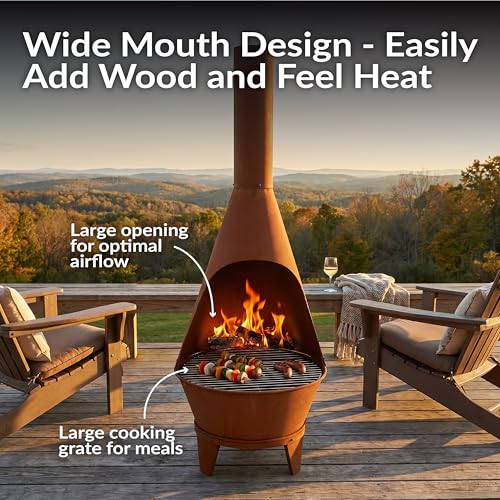 Front view of the rust-colored outdoor fireplace