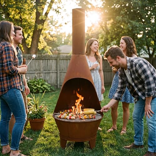 The Sunnydaze outdoor fireplace in a garden setting