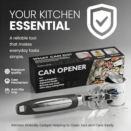 Ergonomic handle of the silver and black can opener