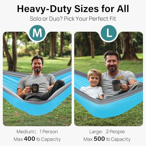 Kootek Camping Hammock hung between trees in Sky Blue and Grey