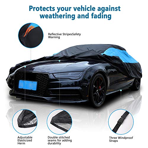 Blue sedan car cover exterior view
