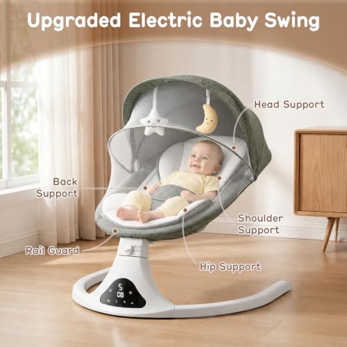 RIVIPLOU Electric Baby Swing showing Bluetooth speaker setup